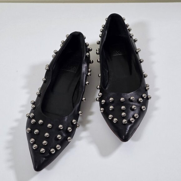 MA&LO Leather Studded Beaded Ballet 38 US 8 Black Flats Pointed Toe Embellished - Picture 1 of 16